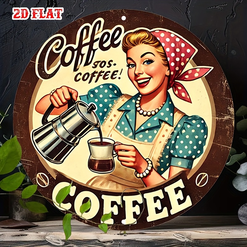 Vintage Collectible Plates - ป้ายกาแฟอะลูมิเนียมทรงกลมสไตล์เรโทร 1 ชิ้น - กาแฟ กาแฟ