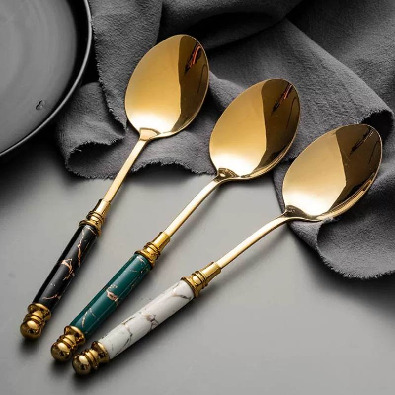 Vintage Collectible Spoons - 1 ชิ้น ช้อนสแตนเลสยุโรปสไตล์วินเทจ พร้อมด้ามเซรามิก ช้อนคนกาแฟ ช้อนผลไม้