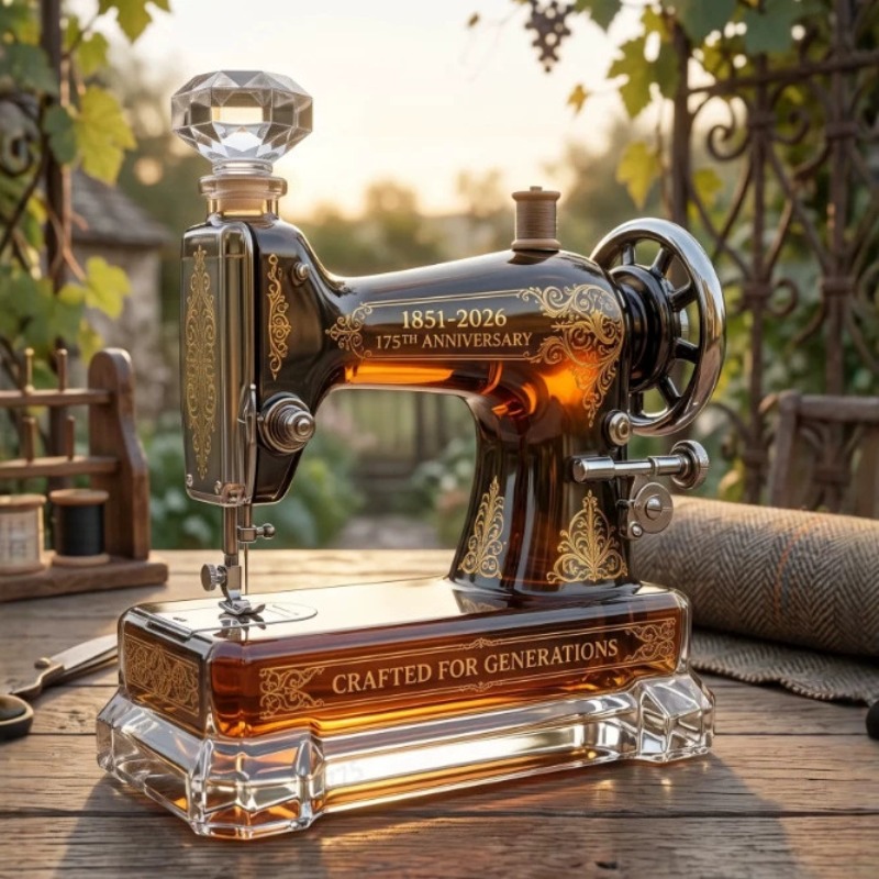 Vintage Collectible Bottles - ขวดวิสกี้แก้วลายจักรเย็บผ้าสไตล์วินเทจ พร้อมสติกเกอร์สีทอง ของสะสม ของขวัญสำหรับบาร์ในบ้าน
